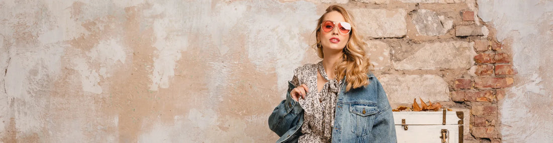 Mulher loira com look boho, a usar um vestido floral, casaca de ganga e botas, sentada sobre uma mala