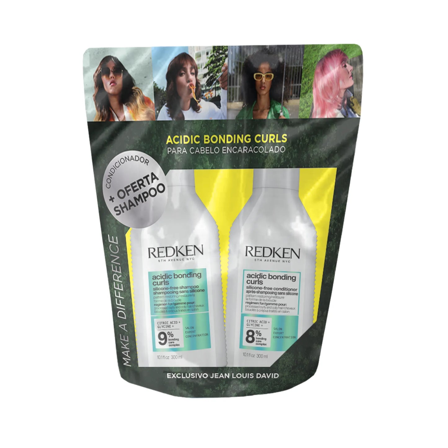 Embalagem de "Redken Acidic Bonding Curls" com os dizeres "CONDICIONADOR + OFERTA SHAMPOO" e "PARA CABELO ENCARACOLADO". Contém imagens de pessoas com cabelo encaracolado e dois frascos de produto Redken, um de shampoo e outro de condicionador. No fundo, a inscrição "EXCLUSIVO JEAN LOUIS DAVID".