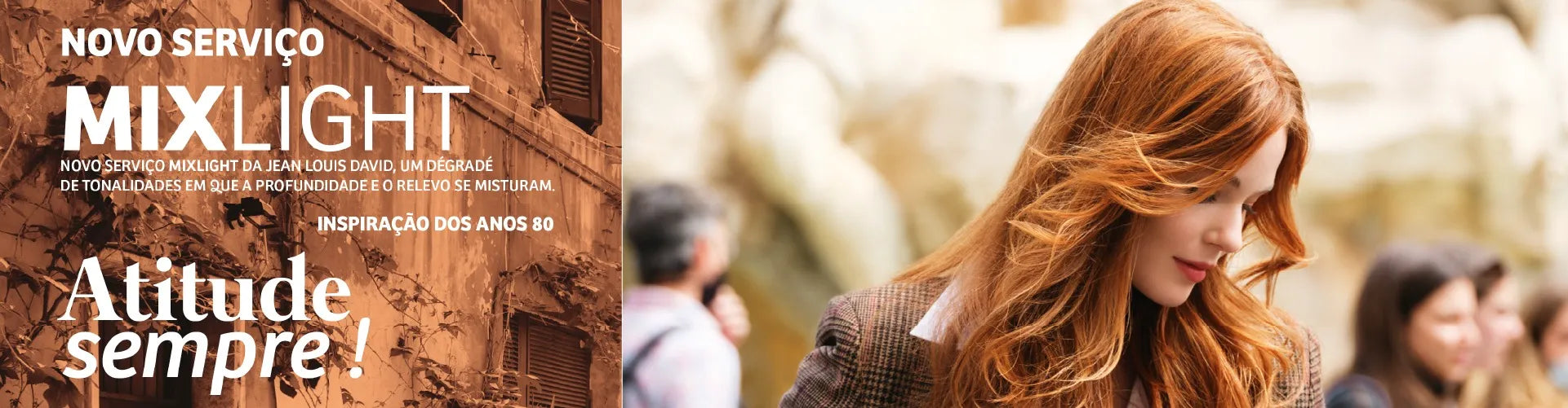 Uma imagem promocional para um serviço de cabelo chamado 'Mixlight', com uma mulher ruiva de cabelo comprido.