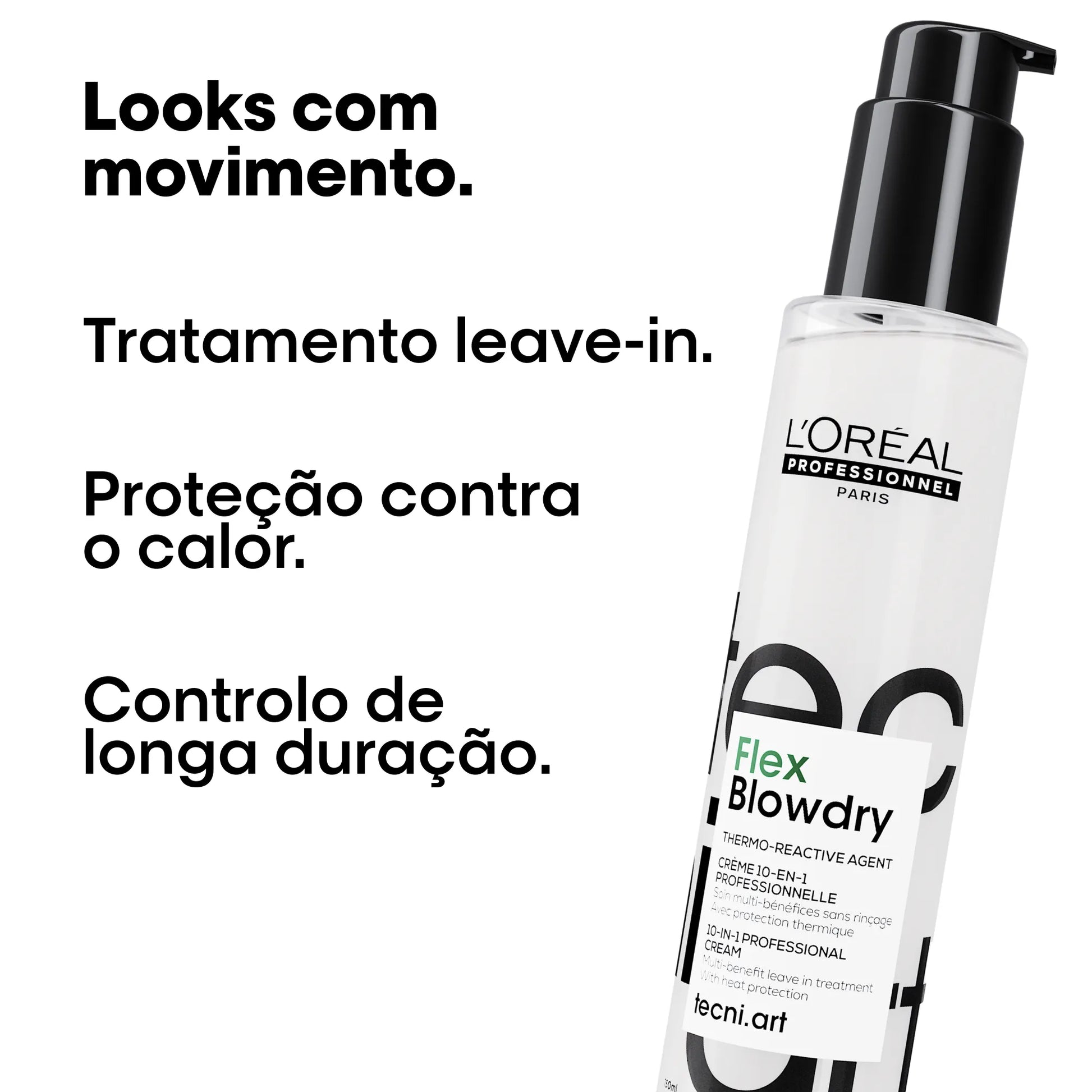 Fotografia de um produto L'Oréal Professionnel Flex Blowdry, com texto que lista os seus benefícios: "Looks com movimento", "Tratamento leave-in", "Proteção contra o calor" e "Controlo de longa duração".