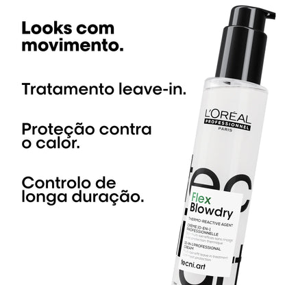 Fotografia de um produto L'Oréal Professionnel Flex Blowdry, com texto que lista os seus benefícios: "Looks com movimento", "Tratamento leave-in", "Proteção contra o calor" e "Controlo de longa duração".