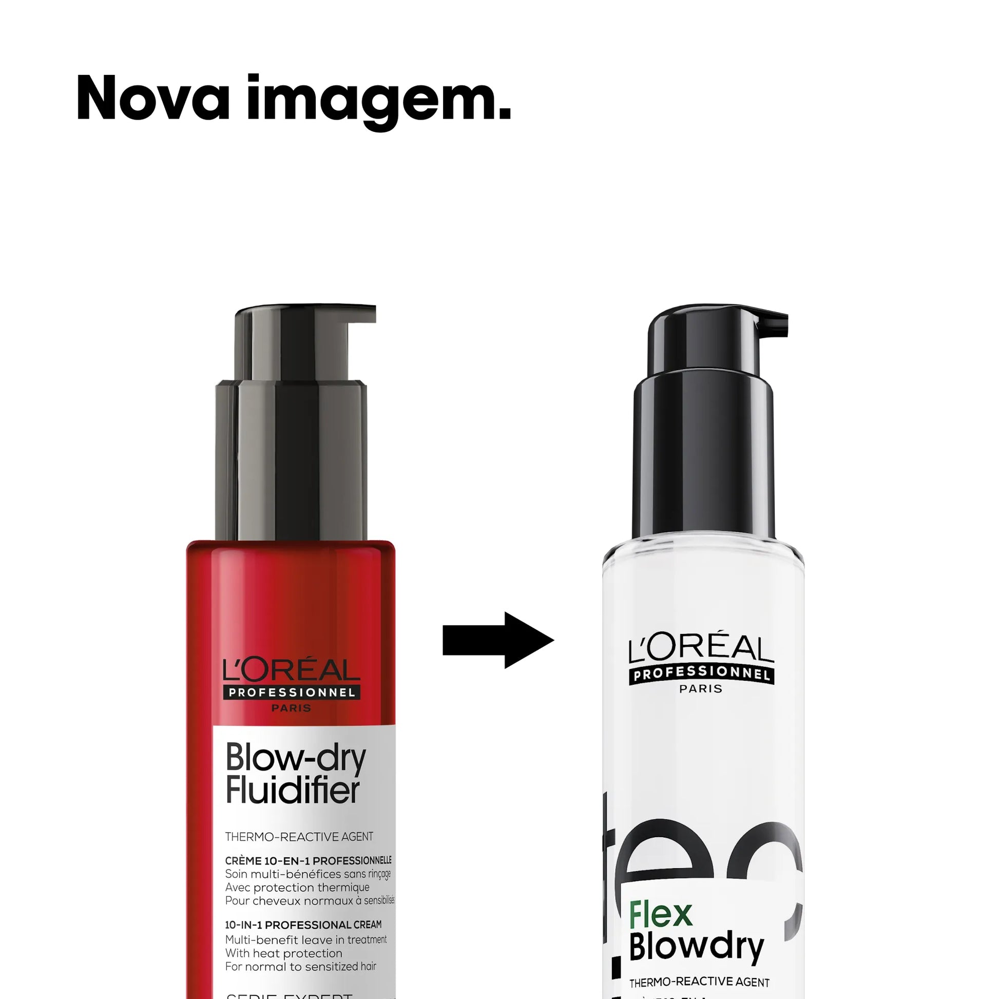 Imagem lado a lado de dois produtos L'Oréal Professionnel. À esquerda, um frasco vermelho de "Blow-dry Fluidifier" com uma seta preta a apontar para a direita, onde se encontra um frasco branco de "Flex Blowdry". Por cima, o texto "Nova imagem.".