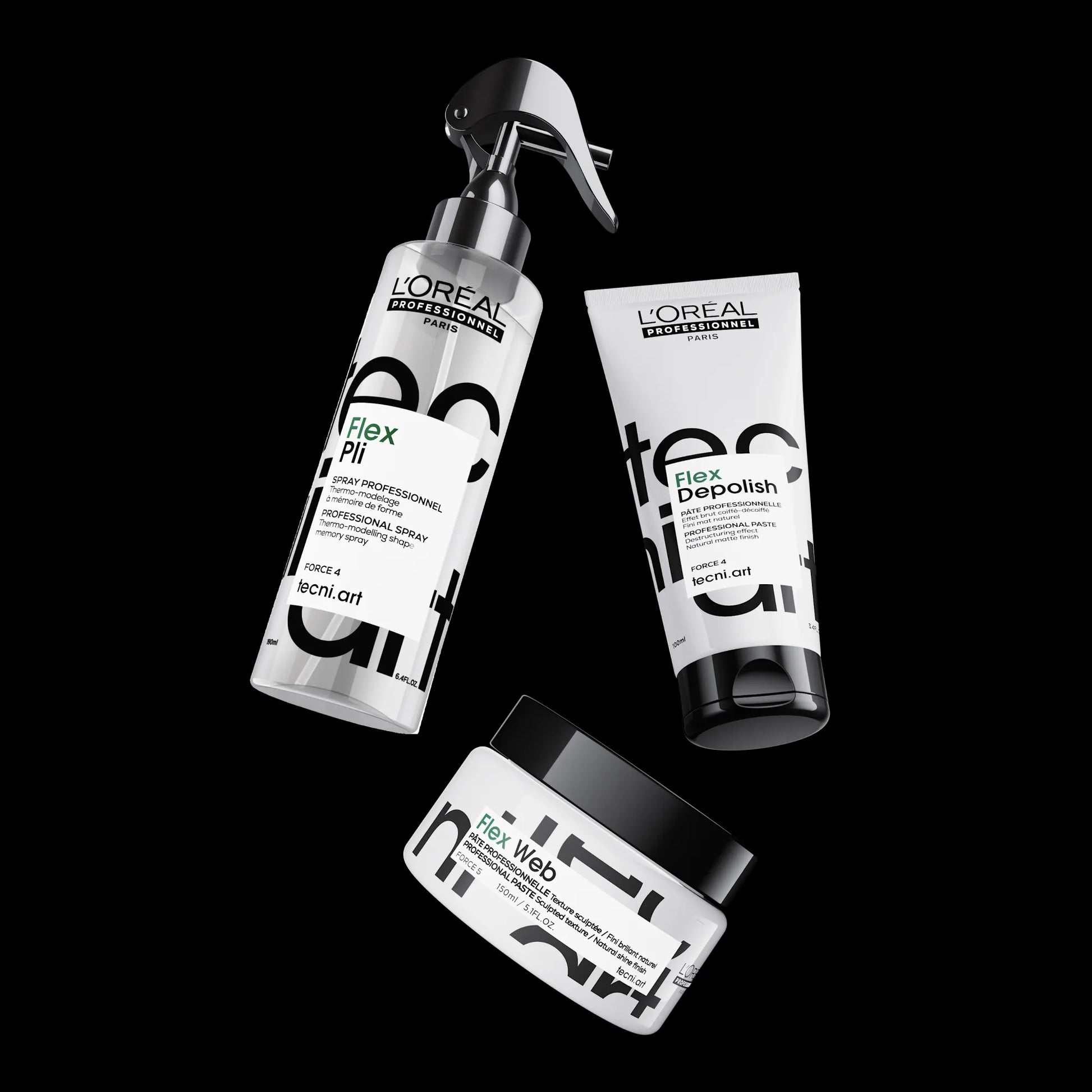 Três produtos L'Oréal Professionnel Tecni.Art em fundo preto: um spray "Flex Pli", uma bisnaga "Flex Depolish" e um boião "Flex Web".
