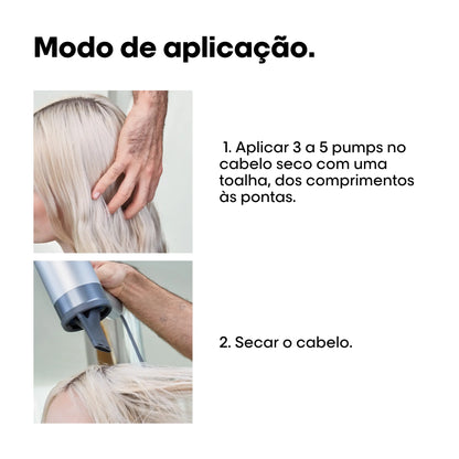 Infográfico com o "Modo de aplicação". A imagem superior mostra uma mão a tocar no cabelo loiro, com o texto "1. Aplicar 3 a 5 pumps no cabelo seco com uma toalha, dos comprimentos às pontas.". A imagem inferior mostra um secador a ser usado no cabelo, com o texto "2. Secar o cabelo.".